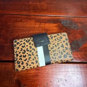 Fossil Leopard Print Trifold Wallet with Black and White Stripe